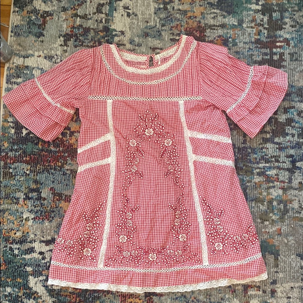 Free People Red Gingham Dress with Floral Embroidery